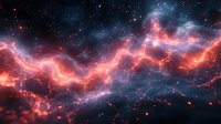 Cosmic nebula with glowing pink and orange energy waves against dark space background, luminous stellar formation with vibrant colors and dynamic patterns.