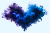 Heart shaped purple and blue smoke cloud formation against white background, abstract love concept for creative design and artistic projects.