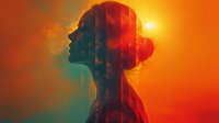 Female silhouette profile against vibrant orange and teal sunset sky with double exposure effect creating dreamy atmospheric mood for creative projects.