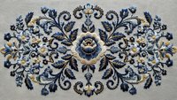 Ornate blue and gold floral embroidery pattern with decorative scrollwork on beige fabric background for luxury textile and home decor projects.