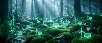 Sustainable forest ecosystem with renewable energy icons overlaid on lush green woodland, representing green technology and environmental conservation for eco-friendly business concepts.
