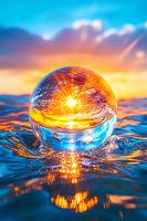 Crystal ball resting on rippling water surface captures dramatic sunset sky with golden light and clouds reflected in sphere, creating magical atmosphere.