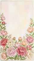Watercolor peony floral border frame with pink and cream blooms, green leaves, gold outline, soft pastel background with copy space.