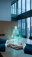 Business hands holding holographic human body projection in modern office conference room representing healthcare technology and medical innovation concepts.