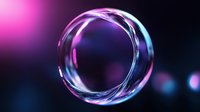Glowing neon circle with pink and blue light effects on dark background creates futuristic abstract composition with blurred bokeh elements.
