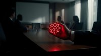 Businesswoman holding glowing red gear icon in modern office conference room, symbolizing innovation, technology solutions, and strategic business development for corporate environments.