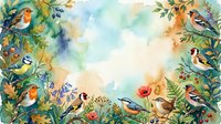 Watercolor garden scene with various songbirds perched among blooming flowers, green foliage, and botanical elements. Soft, artistic illustration suitable for nature-themed designs, home decor, and editorial projects.