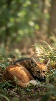 Red fox resting peacefully among green ferns in natural forest habitat with soft bokeh background creating serene woodland atmosphere for wildlife photography.