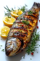 Grilled whole trout garnished with fresh rosemary sprigs and lemon slices on white background, seasoned with herbs and spices, showing crispy charred skin.