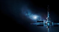 Satellite orbiting in space with glowing blue light and stars, suitable for technology, communications, and science fiction projects.