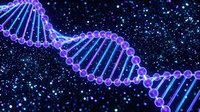 Double helix DNA strand glowing in neon purple and blue against dark starry background, representing genetic research, biotechnology, and molecular science applications.