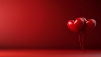 Red heart-shaped balloons floating against deep crimson background with dramatic lighting and copy space, romantic Valentine's Day concept for greeting cards and love messages.