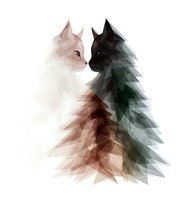 Two cats in geometric low poly style with triangular patterns in warm and cool tones on white background for modern decor and graphic design projects.