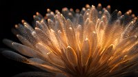Luminous orange sea anemone tentacles glowing against dark background create ethereal underwater atmosphere, macro photography reveals delicate details and textures.