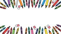 Colorful markers and crayons arranged in rows on white background, isolated design element for art education, creative projects, back to school materials, and craft supplies graphics.