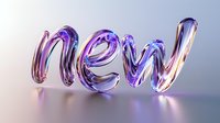 Glossy metallic word "new" in purple and chrome colors with reflective surface and soft lighting effects on light background. Modern typographic design.