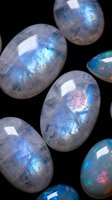 Polished moonstone gemstones with iridescent blue flash adularescence effect on black background for jewelry making and crystal healing practices.