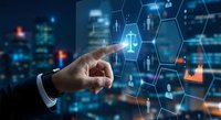 Businessman touching digital hexagonal network interface with human icons representing connectivity and professional networking in modern city.