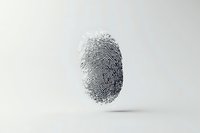 Black fingerprint floating with shadow on white background, minimalist security concept for identity verification and biometric authentication systems.