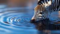Zebra drinking from calm blue water creating circular ripples, close-up view against blurred background. Wildlife photography in natural habitat.