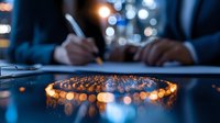 Glowing circle of lights creates magical bokeh effect while person signs document in background, moody evening atmosphere with blue tones and warm highlights.