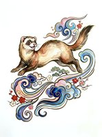 Ferret stretching with decorative swirls, flourishes, and floral elements in blue, red, and gold tones on isolated white background for design projects.