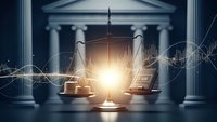 Digital scales of justice with glowing light and data waves in classical courthouse setting for legal technology and modern jurisprudence concepts.