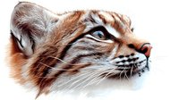 Detailed side view portrait of lynx head with distinctive facial features, orange and white fur, focused eyes and whiskers against white background, isolated design element.