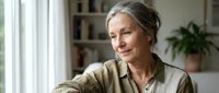 Mature woman with gray hair wearing olive button-up shirt, sitting by window in bright home interior with shelving and plants, looking thoughtful and content for lifestyle and wellness content.
