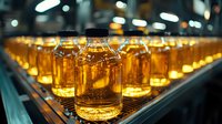 Glass bottles filled with golden liquid on industrial production line, illuminated from below creating warm glow. Manufacturing facility quality control process.