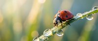 Red ladybug with water droplets on green plant stem in morning sunlight creating natural macro photography with bokeh background for nature concepts.