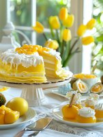Yellow layered cake with citrus curd and whipped cream on cake stand, surrounded by yellow tulips and citrus desserts on white table setting.