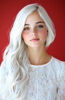 Young Caucasian woman with platinum blonde wavy hair wearing white lace top against red background, natural makeup and soft smile showcasing beauty and fashion styling.