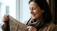 Mature woman with dark hair and fair complexion, wearing a brown coat and patterned scarf, smiling while holding and examining an old map indoors near a window for travel planning and adventure concepts.