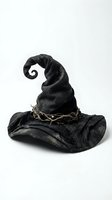 Black witch hat with twisted pointed tip and thorny vine band isolated on white background for Halloween costume and magical themed designs.
