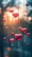 Red glass hearts hanging on delicate chains with soft bokeh background creating romantic atmosphere for Valentine's Day celebrations and love concepts.