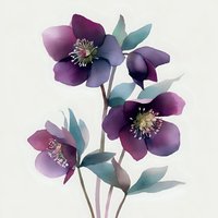 Watercolor purple hellebore flowers with teal leaves on neutral background for botanical art, wedding invitations, greeting cards and floral designs.