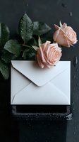 Peach roses with water drops on green leaves rest atop white envelope against dark background, creating romantic mood for wedding or love letter designs.