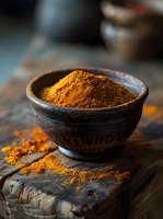 Vibrant orange turmeric powder in rustic clay bowl on dark wooden surface with scattered spice, dramatic lighting enhances natural food photography mood.