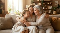Three generations of Caucasian women embracing on cozy living room sofa, grandmother mother and daughter sharing warm family moment in comfortable home interior.