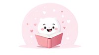 Cute kawaii cloud character reading pink book surrounded by floating hearts on pastel background, cheerful expression for children illustration.
