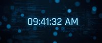 Digital clock display showing 09:41:32 AM on dark blue technology background with glowing circuit patterns and bokeh lights for time management concepts.