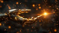 Futuristic robotic arm reaching towards glowing light against dark background with golden bokeh particles, representing artificial intelligence and future technology.