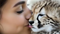 Young woman with olive skin gently kissing a cheetah cub in close-up, showcasing tender connection between human and wild animal in conservation setting.
