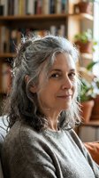 Mature woman with gray curly hair smiling warmly in cozy home library setting with books and plants creating peaceful domestic atmosphere for lifestyle content.
