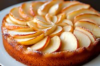 Fresh baked apple cake with thinly sliced red apples arranged in circular pattern on top, golden brown crust and caramelized fruit creates appetizing dessert.