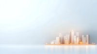 Minimalist cityscape with glowing white skyscrapers on reflective surface against foggy background creates serene urban architectural composition.