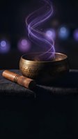 Tibetan singing bowl with wooden mallet releasing purple mystical smoke energy for meditation, sound healing therapy, mindfulness practice and spiritual wellness.