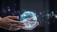 Hands protecting glowing digital Earth globe with network connections and data visualization effects on dark technology background.