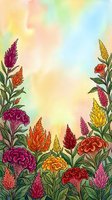 Vibrant watercolor celosia garden with colorful blooms in pink, orange, red and yellow on a soft pastel sky background.